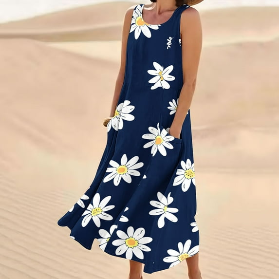 Viikei Summer Dresses for Women Clearance under $10,New Women's Sleeveless and Linen Round Neck Printed Long Dress Navy XXL