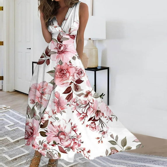Viikei Summer Dresses for Women Clearance under $10,Women's Spring/Summer Sleeveless Color V-Neck Wrapped Chest Dress Long Dress Pink L