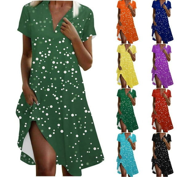 Viikei Summer Dresses for Women,Fashion Women Polka Print V-neck Short Sleeve Loose and Comfortable Dress Blue S