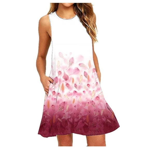 Viikei Summer Dresses for Women Plus Size Summer Dresses 2025 Sleeveless Dresses Women's Fashion Sleeveless Round Neck Casual Pocket Printed Dress