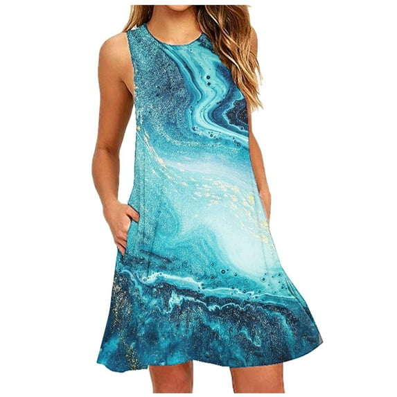 Viikei Summer Dresses for Women Plus Size Summer Dresses 2025 Sleeveless Dresses Women's Fashion Sleeveless Round Neck Casual Pocket Printed Dress