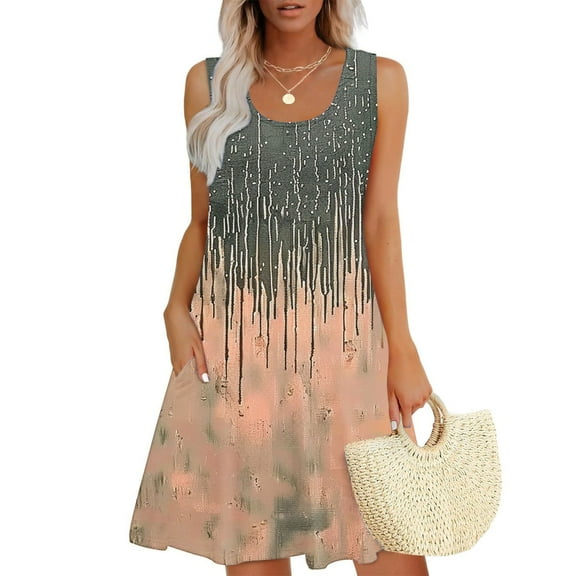 Viikei Summer Dresses for Women Plus Size,Women Casual Loose Summer Printed Dress Sleeveless V-neck Top/shirt Set Gray S