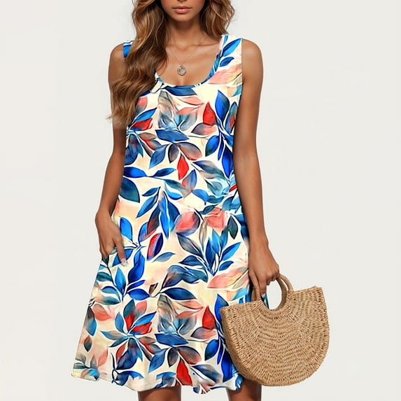 Viikei Summer Dresses for Women Plus Size,Women Casual Plus-size Sleeveless Crew Neck Print Short Dress Blue S