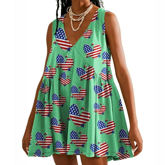 Viikei Summer Dresses for Women Plus Size,Women's Summer Print Casual Loose Sleevless V-Neck Dress Green S