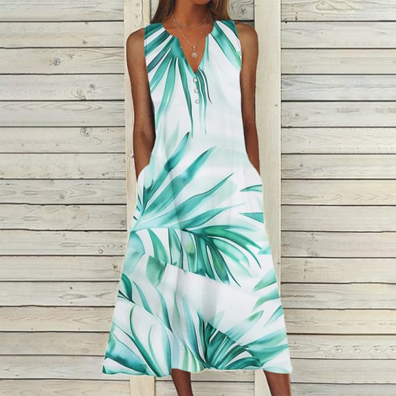 Viikei Summer Dresses for Women Sleeveless,New Women's V-neck Button Button Sleeveless Printed Long Dress Green S