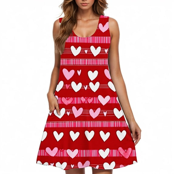 Viikei Summer Dresses for Women Sleeveless,Women's Spring/summer Casual Sleeveless Crew-neck Valentine's Day Print Dress Red M