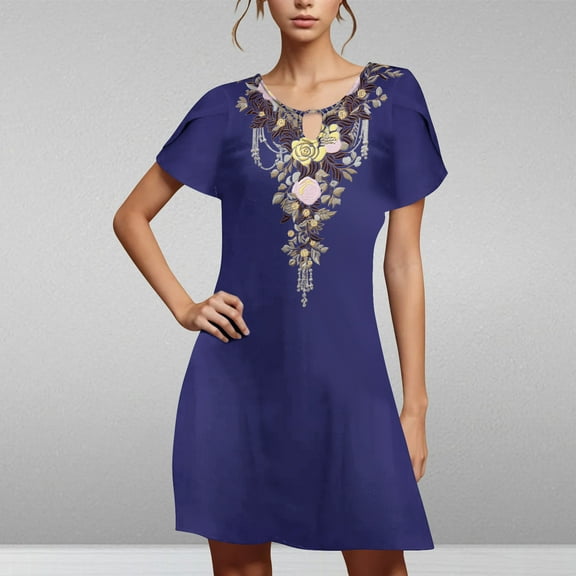 Viikei Summer Dresses for Women,Summer Striped Short Sleeve Dress,Women's Casual Loose Summer Printed Short Sleeved Dress Navy S