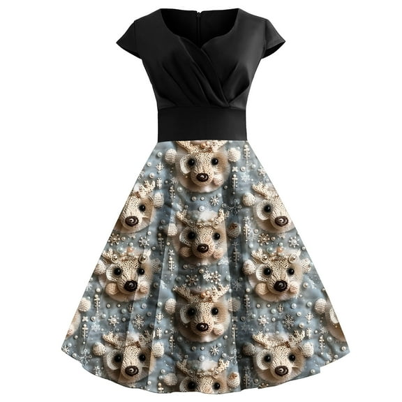 Viikei Summer Dresses for Women,Women's Party Short Sleeve Dress,Ladies' Style Slim Christmas Printed Short Sleeved Round Neck Dress Black S