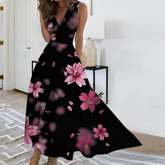 Viikei Summer Dresses for Women,Women's Spring/Summer Sleeveless Color V-Neck Wrapped Chest Dress Long Dress Black S