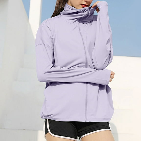 Viikei Summer Fishing UV Protection Shirt Women's Quick-Dry Top,Women's Casual Loose Solid Color Sunscreen Jacket Long Sleeved Hooded Casual Jacket Purple L