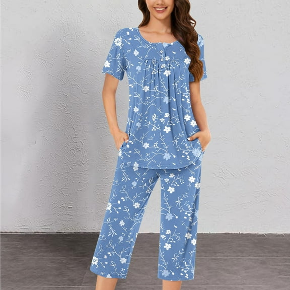Viikei Summer Ladies Nightwear Clearance,Women's Round Neck Short Sleeve Sleepshirt and Pants Sets Loungewear Pajamas with Pockets Blue S