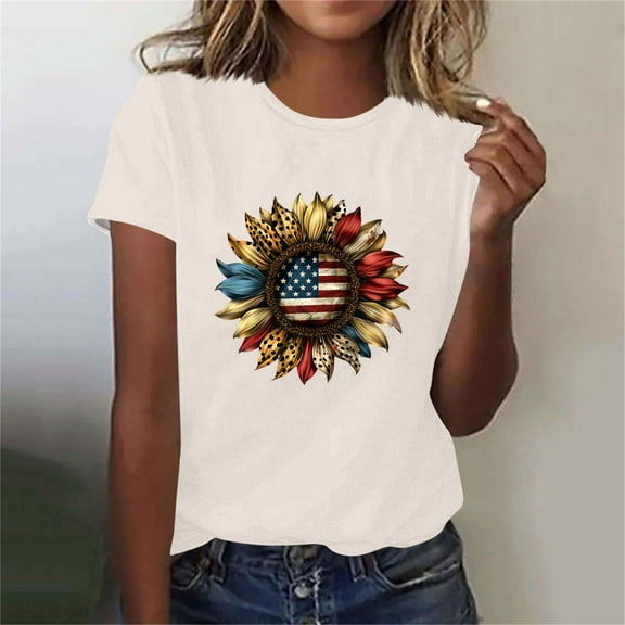 Viikei Summer Short Sleeve T - Shirt Blouse for Women,Fashion Women's Independence Day Printed Casual Short Sleeved T-shirt Top Beige M