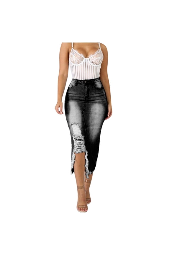 Summer Skirts for Women Skirts Clearance Sale Skirt Plus Size Fashion High Waist Ripped Destroyed Bodycon Street Style Denim Skirt