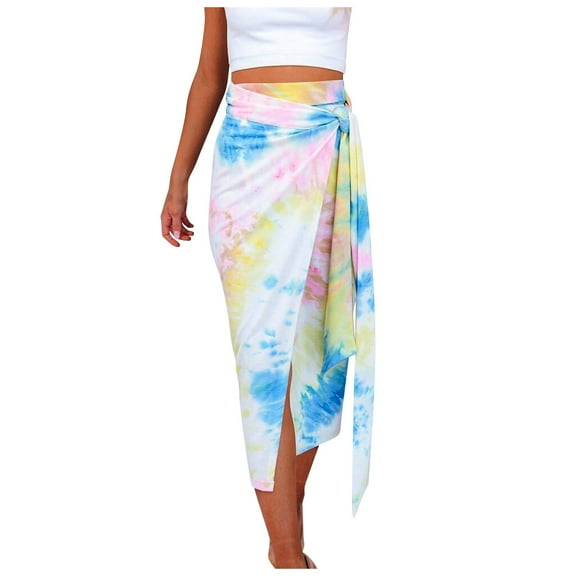 Viikei Summer Skirts for Women Skirts Clearance Sale Skirt Plus Size Fashion High Waist Tie-dye Print Girls Lace-up Skirt