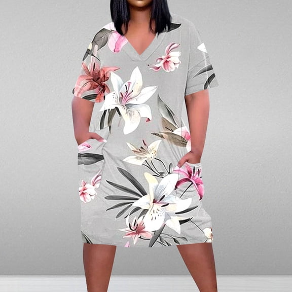 Viikei Summer Striped Boho Short Sleeve Dress,Plus Size Dress for Women V Neck Summer Printing Sundresses Knee Short Sleeve with Pockets Gray XXXXL