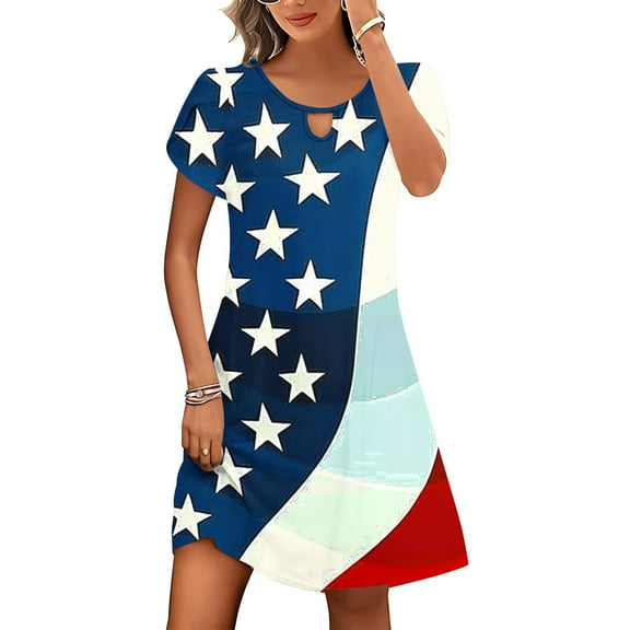 Viikei Summer Striped Boho Short Sleeve Dress,Women's Casual Loose Summer Printed Short Sleeved Dress Blue L