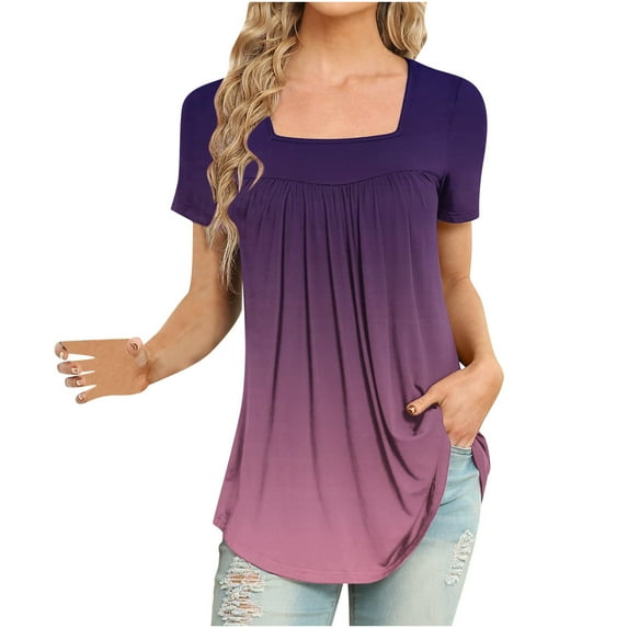 Viikei Summer Tops for Women 2024 Short Sleeved V-Neck Lightweight Gradient Tops for Ladies Women Fashion Printed Casual V-Neck Short Sleeve Loose T-Shirt Blouse Tops