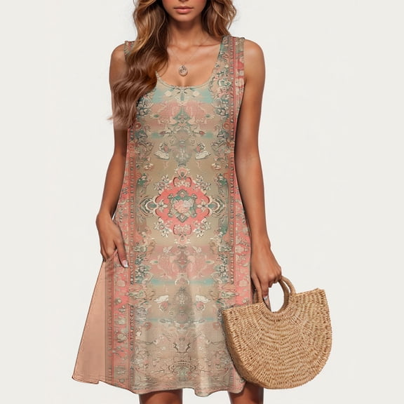 Viikei Sun Dresses for Women Plus Size,Ladies' Fashion Trend Floral Print Sleeveless Round Neck Knee Length Skirt Multicolor S