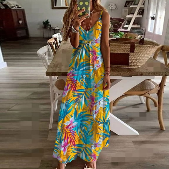 Viikei Sun Dresses for Women Plus Size,Women's Summer Print Casual Loose Sleevless V-Neck Dress Multicolor XXL