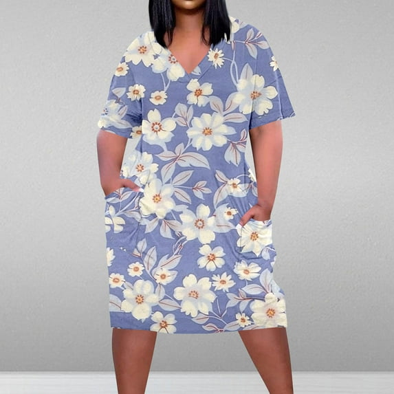 Viikei Sundresses for Women Casual Summer,Women's Beach Short Sleeve Dress,Plus Size Dress for Women V Neck Summer Printing Sundresses Knee Short Sleeve with Pockets Purple XXXL