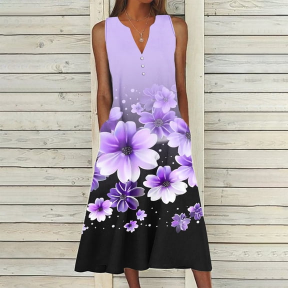 Viikei Sundresses for Women Casual Summer,Women's Floral Print Short Sleeve Dress,New Women's V-neck Button Button Sleeveless Printed Long Dress Purple XL