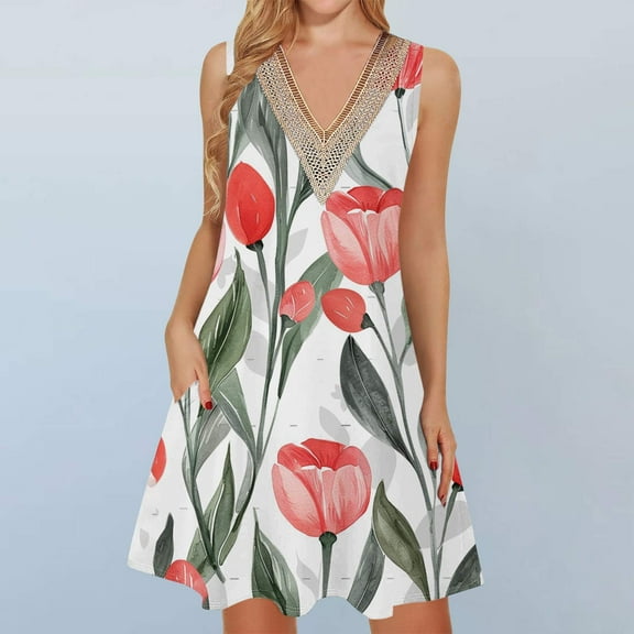 Viikei Sundresses for Women Casual Summer,Women's Floral Print Short Sleeve Dress,Women's Printed Lace Sleeveless Pocket V-Neck Dress White L