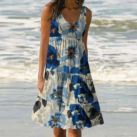 Viikei Sundresses for Women Casual Summer,Womens Fashion Holiday Summer Casual Printing Sleeveless Party Beach Loose Dress Blue S