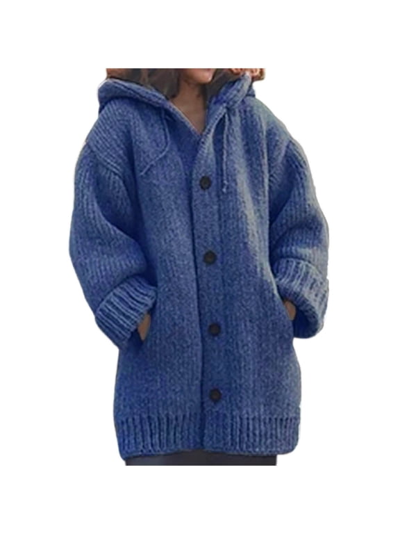 Sweater Coat for Women Women's Solid Color Single-Breasted Pocket Hooded Warm Knitted Sweater Coat Top