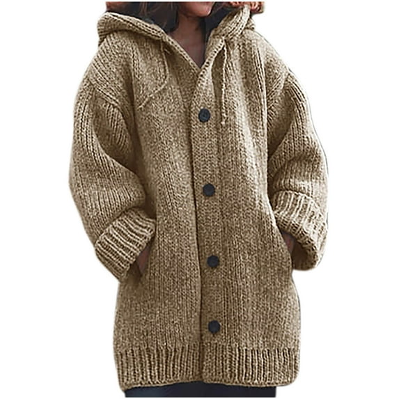 Viikei Womens Coats and Jackets Clearance Women's Solid Color Single-Breasted Pocket Hooded Warm Knitted Sweater Coat Top
