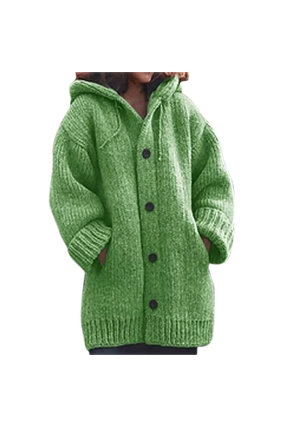 Sweater Coat for Women Women's Solid Color Single-Breasted Pocket Hooded Warm Knitted Sweater Coat Top