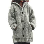 VIIKEI Sweater Coat for Women Women's Solid Color Single-Breasted Pocket Hooded Warm Knitted Sweater Coat Top