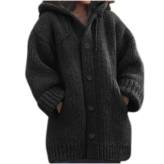 Viikei Sweater Coat for Women Women's Thickened Medium Long Sweater Hooded Cardigan Solid Color Coat Sweater Coat
