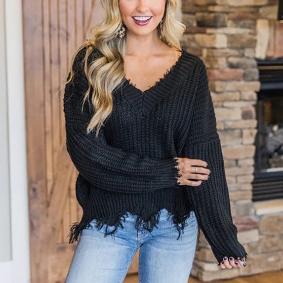 Viikei Sweaters For Women Clearance Plus Size Pullover Sweaters For Women V-Neck Loose Solid Color Long Sleeve Tops