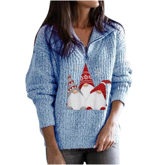 Viikei Christmas Sweaters for Women Plus Size Women's and Winter V-neck Sweater Santa Claus Printed Zipper Long Sleeve Knitted Sweater Women's Sweater