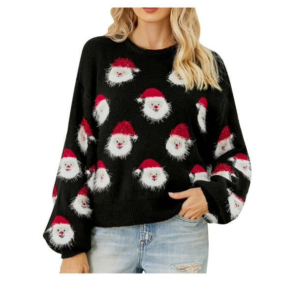 Viikei Christmas Sweaters for Women Plus Size Women's Christmas Santa Claus Print Round-Neck Long Sleeve Sweater Tops