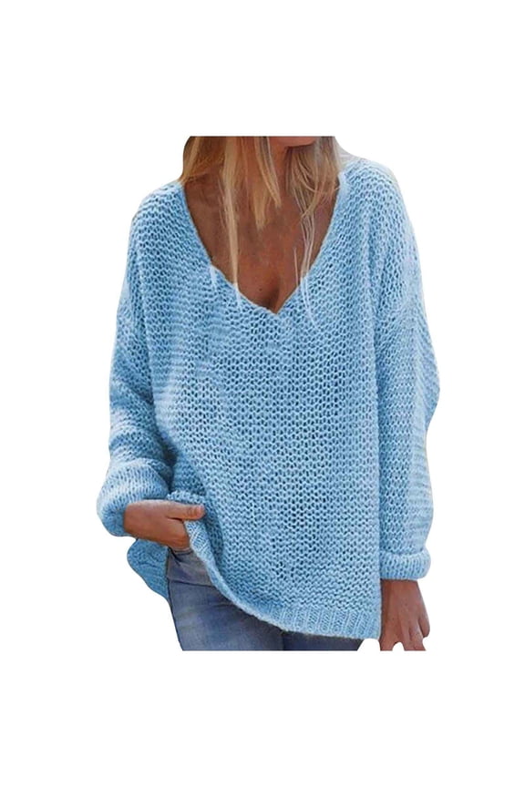 Sweaters for Women Clearance Plus Size Pullover Sweaters for Women Loose Deep V-Neck Solid Long Sleeve Tops