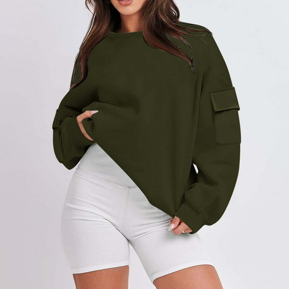 Viikei Sweatshirts for Women Clearance under $10,Women's Round Neck Solid Color Long Sleeved Pocket Loose Top Sweatshirt Green M