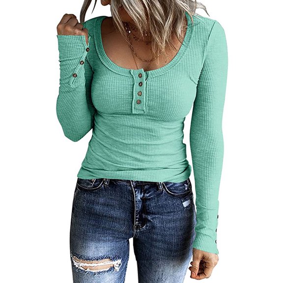 Viikei Sweatshirts for Women Crewneck,Women's Casual Solid Color Buttons Long Sleeve V-Neck Loose Shirt Blouse Top Mint Green M