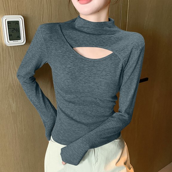 Viikei Sweatshirts for Women Loose Fit,Women's New Long Sleeve Round Neck Hollowed Out Solid Color Casual Jacket Dark Gray M
