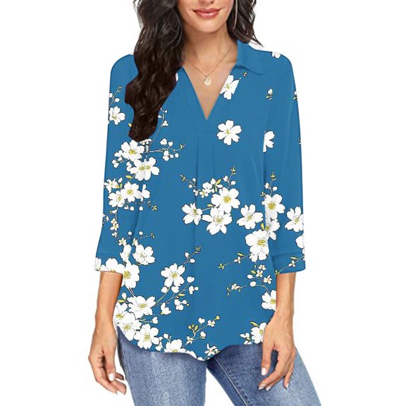 Viikei T Shirts for Women Tops Summer,Fashion Women V-Neck Three Quarter 3/4Sleeve T-Shirt Printed Blouse Blue XXL