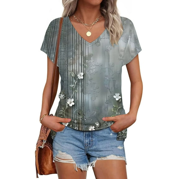 Viikei T Shirts for Women Tops Summer,Women's Printed V-neck Short-sleeved T-shirt Loose Top Short Sleeve Top Multicolor XL