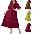 thumbnail image 1 of Viikei Three Quarter Sleeve Ladies Dress for Casual,Fashion Women's Large Size Solid Color Round Neck Short Sleeve Buckle Waist Lace Dress Brown L, 1 of 5