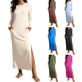thumbnail image 1 of Viikei Three Quarter Sleeve Wrap Dress for Women Flattering,Women's Long Sleeved Solid Color Slit Long Straight Dress with Double Pockets Long Skirt Brown S, 1 of 7