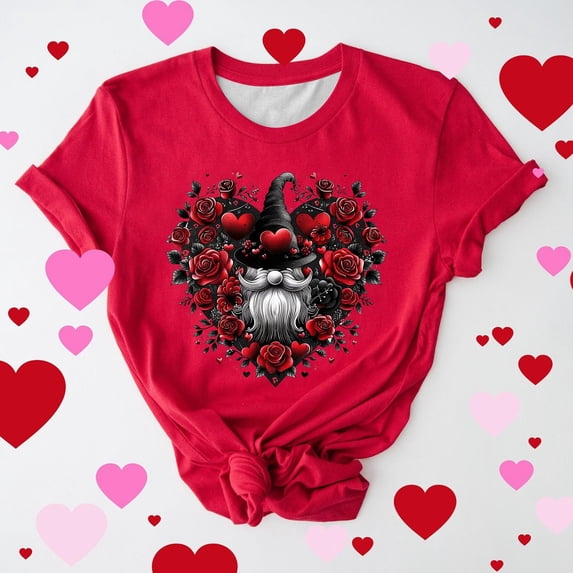 Viikei Tops for Women 2025,Ladies' Valentine's Day Printed Casual Pullover Round Neck Short Sleeved Top Red S