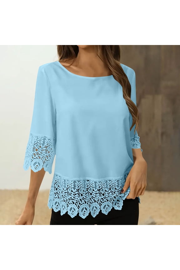 Tops for Women Plus Size,Women's 3/4 Sleeve Lace Patchwork Crew Neck Solid Color Casual Top Blue S