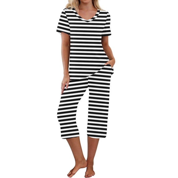 Viikei Travel-Friendly Sleepwear Set Wrinkle-Resistant Lounge,Women-neck Short Sleeved Pajamas and Pants Set Casual Pajamas with Pockets Black S