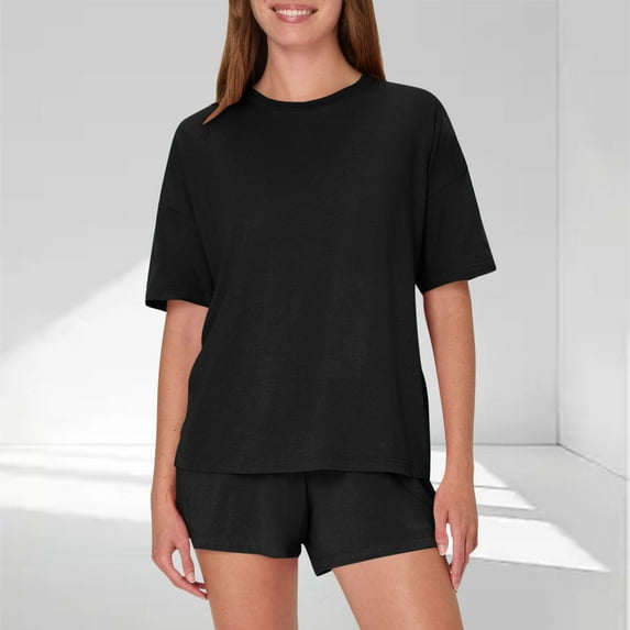 Viikei Travel-Friendly Sleepwear Set Wrinkle-Resistant Lounge,Women's Casual Loose Solid Color Round Neck Short Sleeved Shorts Pajamas Suit Black XL