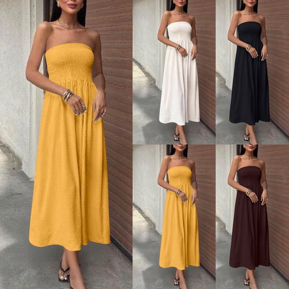 Viikei Tube Top Women's Dress with Ruffles,Women Fashion Solid Color Casual Waisted Off The Shoulder Sleeveless Dresses White XXL