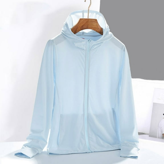 Viikei UPF 50+ Women's Quick-Dry Sun Shirt Summer Hiking & Travel,Women's Casual Loose Solid Color Sunscreen Jacket Long Sleeved Hooded Casual Jacket Light Blue S
