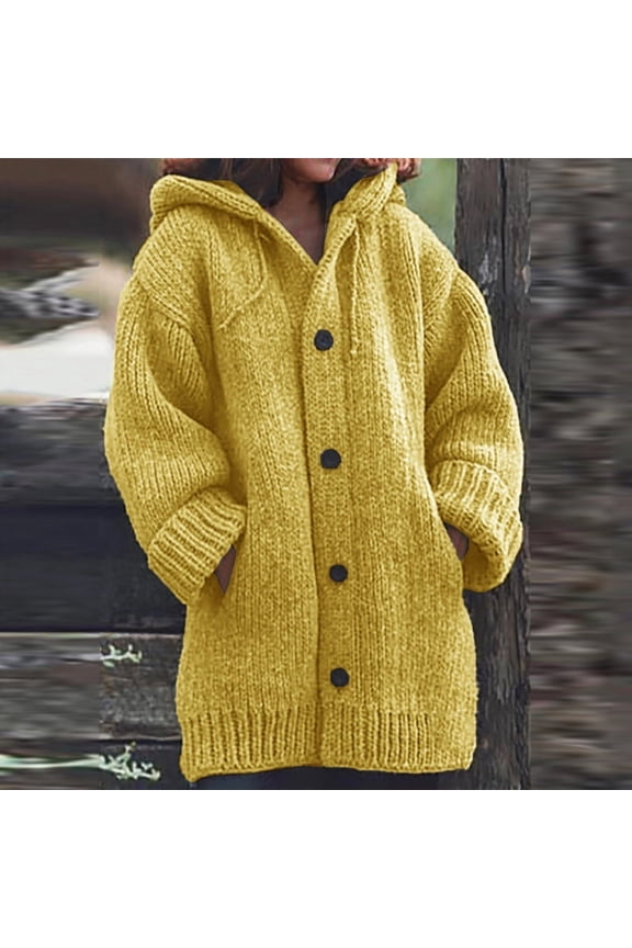 Warm Winter Coats for Womens,Women's Solid Color-Breasted Pocket Hooded Warm Knitted Sweater Coat Top Yellow L